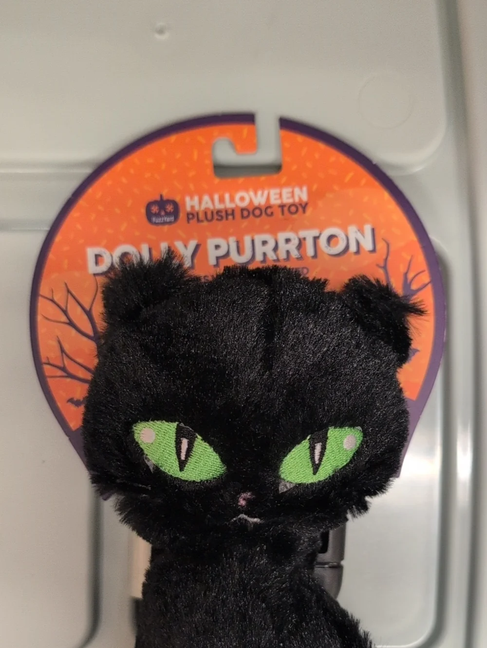 “DOLLY PURRTON” Black Plush Cat Dog Squeaker Toy - Halloween Plush